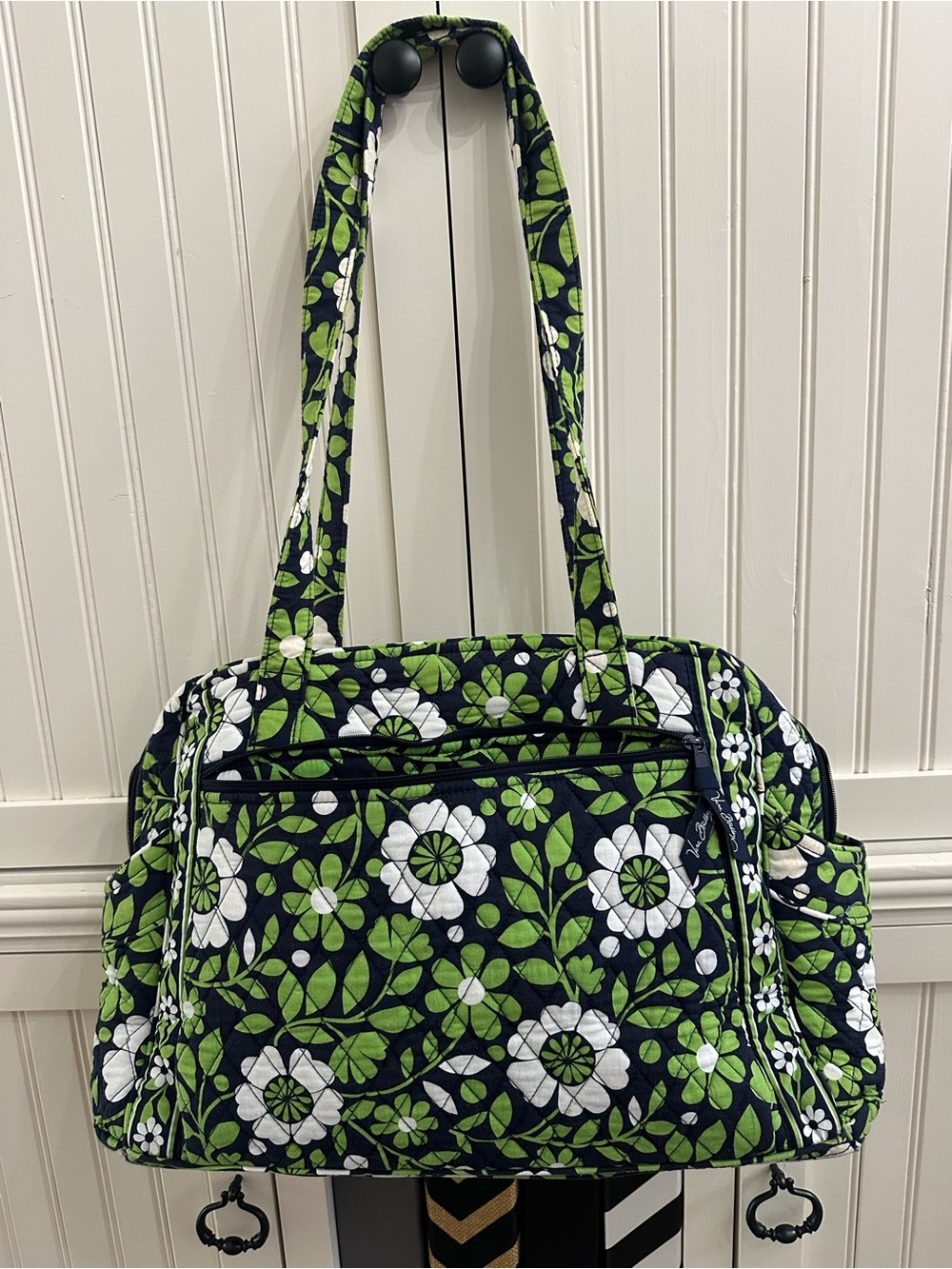 Vera Bradley”Lucky You” Navy, Green & White Quilted Floral Shoulder Diaper Tote